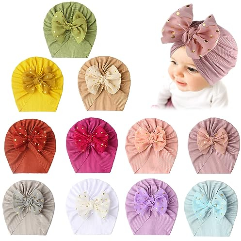iSpchen 11 Stück Baby Turban Hüte Schleife Donut Knoten Mützen Mädchen Neugeborene Säuglinge Kleinkinder Schlupfmütze Babymütze Niedlichen Bogen Beanie Unisex Kleinkind Newborn Erstlingsmützen