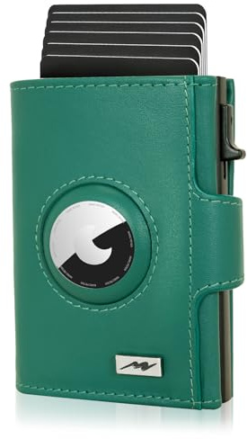 Marc Peter® Chicago Blaugrün Leder Push Air Slim Wallet | Airtag Geldbörse mit Münzfach | kleines Mini Portmonee aus Echtem Leder