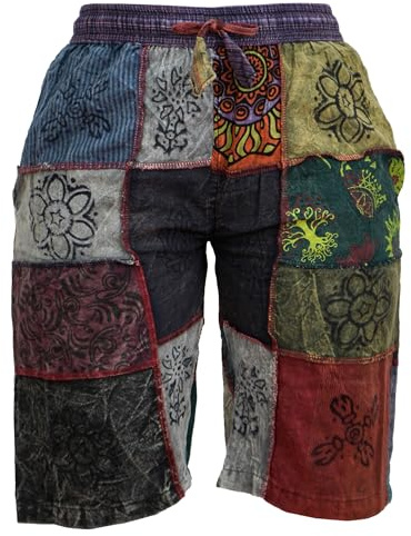 Ezhippie Unisex Patchwork Hippie Shorts Algodón Cordón Cintura Elástica Verano Festival Ropa, Multicolor, XL