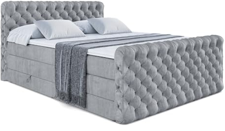 ALTDECOR Boxspringbett mit Matratze und Lattenrost, Topper, Fußteil,Polsterbett mit Bettkasten, Bett mit Stauraum H3- und H4- Matratze, Doppelbett, Springboxbett - BOXI8-Z King - 180x200 - Grau Samt
