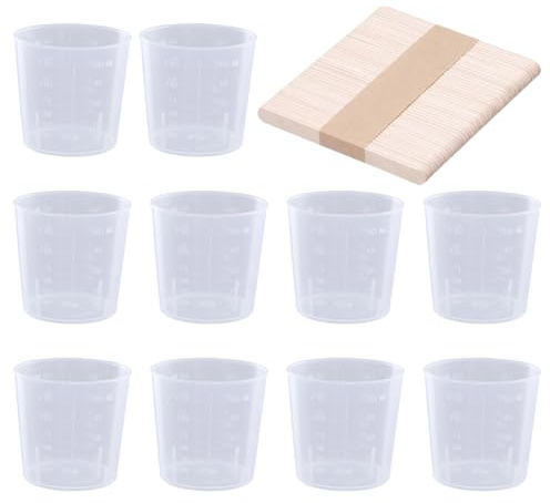 FSSTUD 30 Pcs 60ml Small Plastic Graduated Cups Transparent Scale Cups Clear Measuring Cups Mixing Painting Cup Small Stirring Beakers with 50 Pcs Wooden Stirring Sticks for Resin Stain