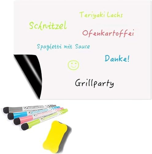 Pellicola magnetica per lavagna bianca per frigorifero, lista della spesa, A3, pellicola magnetica per frigorifero, autoadesiva, bianca, lavabile, 43 x 30 cm, con 4 pennarelli