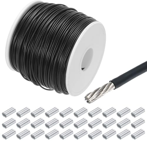 QUARKZMAN 100M x 1,2 mm (328Ft x 3/64) vajer metallisk 304 rostfritt stål, dragstång med 30 st aluminiumhylsor för upphängning av klädhängning, svart