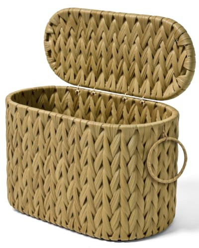 Handgefertigter Rattan-Korb für Toilettenpapier mit Deckel, Zeitschriftenhalter, integriertes Design, Aufbewahrungsbehälter für Klopapier, WC Papier Aufbewahrung, Haushaltswaren-Organizer Gelb