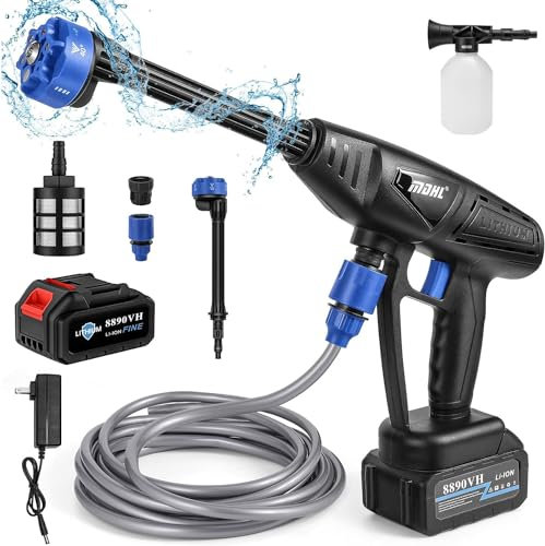 Hidrolimpiadora Bateria, 48V 26 Bar Hidrolimpiadora Portátil con de 1X 10000mAh Bateria, Manguera de 5M, Boquilla Ajustable 6 en 1, Jarra de Espuma, Limpiadora a presión para Terraza, Ventana, Césped