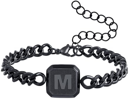Stainless Steel Cuban Link Chain Black Gold Silver Mens Initial Bracelets | Squre A-Z Letter Mens Bracelet Adjustable Chain Men Hip Hop Jewellery Gifts for Husband Dad Brother Son Grandson Teen