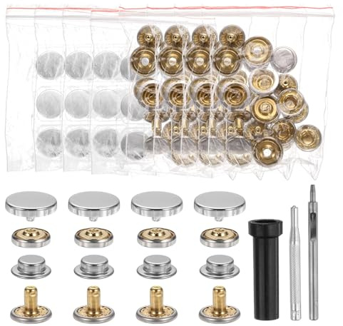 sourcing map 24 Set Leather Snap Fasteners Kit 15mm Metal Snap Button Press Studs Leather Rivets Snap with 3 Setter Tools for Clothes Jackets Jeans Wears Bags, Silver Tone