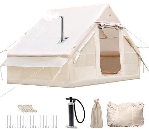 Aufblasbares Gampingzelt mit Kaminöffnung & Dachfenster, Outdoor Zelt für 2-4 Personen mit Luftpumpe, Aufblasbares Zelt aus Wasserdichtem Oxford-Stoff für 4 Jahreszeiten, Schneller Aufbau Gampingzelt
