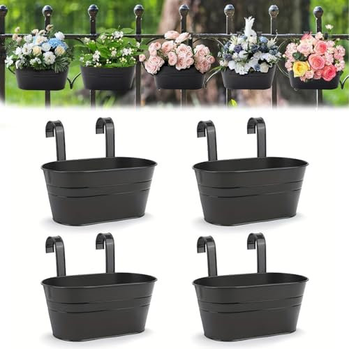 Cobenga 4 Pcs Black Metal Iron Hanging Flower Pots, Modern Vintage Design, 11 L x 8.6 W x 4.7 H, Detachable Hooks, Breathable Drainage Holes, Indoor/Outdoor Use