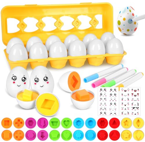 KOMABLEN 12Pcs Huevos Juguetes Niños, Huevos Sorpresa Rompecabezas Montessori Reconocimiento de Color y Forma, Plástica Huevos de Pascua Juguete Educativos para Niños y Niñas