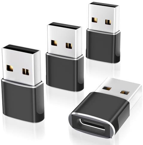 Omivine 4 Stück USB-C Buchse auf USB-A Stecker OTG Adapter Auto Ladekabel Konverter kompatibel mit iPhone, Mac, Laptop, Tablet, Smartphone, usw -Schwarz