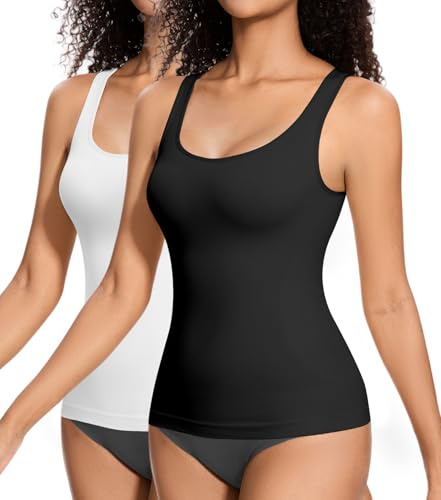 ONEW Dam slimfit undertröja bekväm magkontroll formande linne formande kompression bärtopp bekväm kroppsformare 2-pack (svart + vit), Svart + vit, M