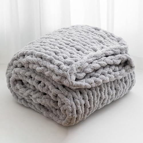 Wttfc Gestrickte Kuscheldecke Grobstrick Decke Grob Strickdecke Handgefertigt Überwurf Decke Chenille-Decke Wohnkultur Sofadecken Bettdecke Couchdecke Tagesdecke,Grau,50x50cm