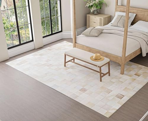 Alfombra de piel de vaca sintética color beige, alfombra de piel de lujo para dormitorio, sala de estar, oficina, alfombra moderna de decoración del hogar occidental (5 x 8)