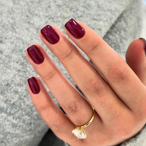 KQueenest Press on Nails Kurz – Sheer Violett Nägel zum Aufkleben Kurz, Einfarbig Eckig Fake Nails Dunkel Pflaume, Quadratische Künstliche Nägel Set für Frauen & Mädchen, 24 Stück