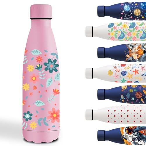 Grsta Gourde, 500ml Gourde Isotherme, avec des Fleur, Facile à Nettoyer, Gourd Enfant Sans BPA, Facile à Transporter, Bouteille d'eau pour École, Bureau, Voyage, Sports, Running, Rose