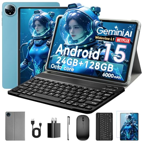 Aobante 10 Inch Tablet, Android 15 with 24GB RAM + 128GB ROM (1TB Expandable), Octa-Core, 1280x800 IPS HD Touchscreen, 5MP+8MP Dual Camera, 6000mAh, Tablet with Keyboard, Mouse, Widevine L1(Blue)