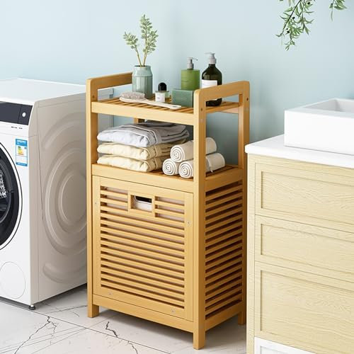 Narrow Bamboo Bathroom Cabinet with Laundry Basket SpaceSaving Towel Rack &for Small Bathrooms Versatile Bamboo Storage Shelf for Bathroom & Kitchen (Size: 50cm)