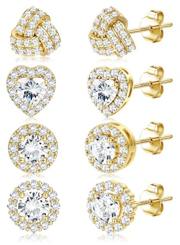 Dochais 4 Paires Boucles d'Oreilles Argent 925 pour Femmes Hommes Boucles d'Oreilles Diamant Zircone Cubique Rond Coeur Petites Boucle d Oreille Hypoallergénique Boucle d'Oreille Or 14 Carats Or B