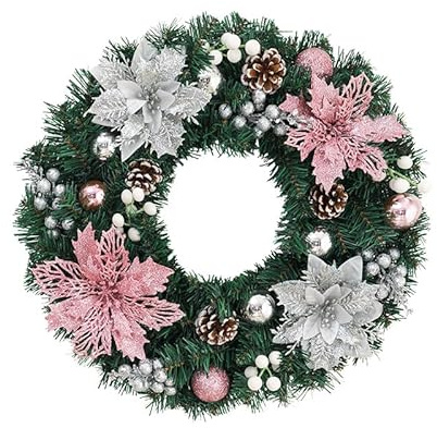 XrKrOPTend Weihnachtskranz, Tannengrün mit Rosa und Silber,30 cm, Künstliche Tannenzweige, Pinecones und Glitzernde Kugeln, Traditioneller Stil, Festliche Türdekoration