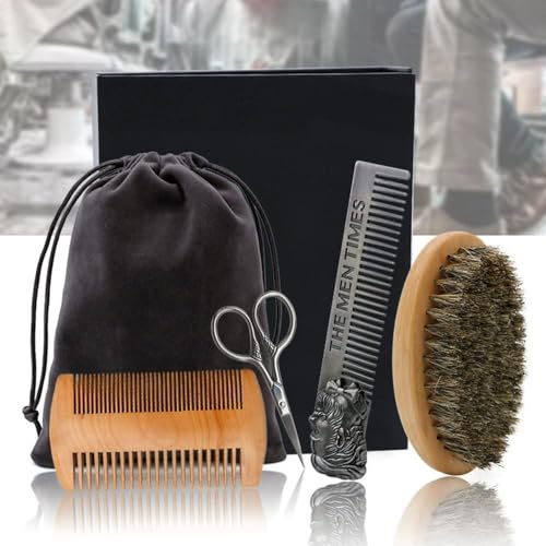 Yinhing Bartbürsten-Set, Professionelles Pflegeset mit Ovaler Bürste, Premium-Bartkamm, Edelstahlschere, Feiner Zahngitterkamm für Bartstyling und -pflege