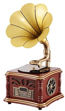Altoparlante Bluetooth Retrò, Ornamenti per la Casa In Rame e Legno Massello, Radio Fm, Forma di Grammofono, per Gli Amanti della Musica
