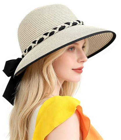 KXF Women Straw Beach Sun Hat UPF 50+ UV Protection Wide Brim Summer Straw Sun Cap Outdoor Travel Hat Foldable Packable Cap