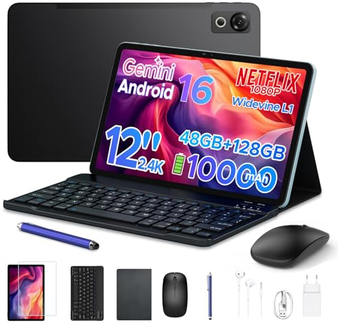 P12 Tablet Android 16, Tablet 12 pulgadas, 48GB RAM+128GB ROM/2 TB TF, IPS 2,4K, Pantalla 120 Hz, 10000mAh/18W, WiFi 5G, T7280 Octa-core, 8MP+13MP, Gemini AI, Tableta con Teclado, Face ID, GPS, Negro