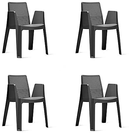 RESOL Play Set 4 Gartenstühle, stapelbar, mit Armlehnen und belüfteter Rückenlehne, Terrasse, Balkon, Esszimmer im Freien, leicht und robust, modernes Design, Dunkelgrau