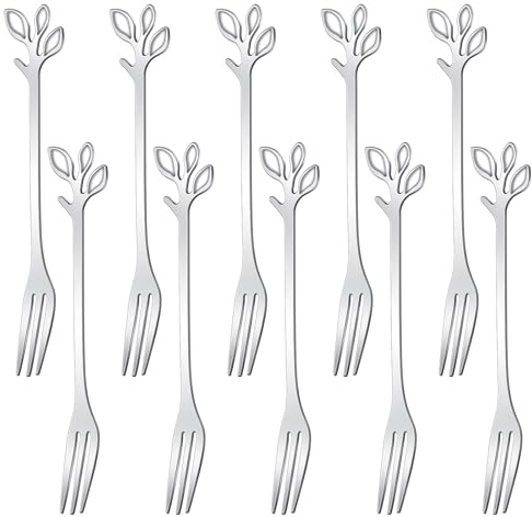AnSaw 10-Piece Silver Mini Leaf Dessert Forks Set - 4.7 Elegant Stainless Steel Fruit, Appetizer, Cake & Salad Forks - Perfect for Cocktail Parties & Home Use