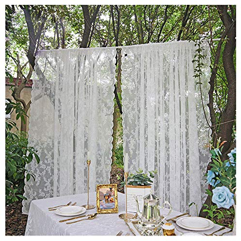 Primst Spitze Vorhang Voile Vorhang Küchen Gardine Weiß Blumen bestickte Spitze Gardinen mit Vorhang Raffhalter Voile Vorhänge für Wohnzimmer Schlafzimmer Hochzeit dekor(2er-Set) (2X H/B: 150/200 cm)