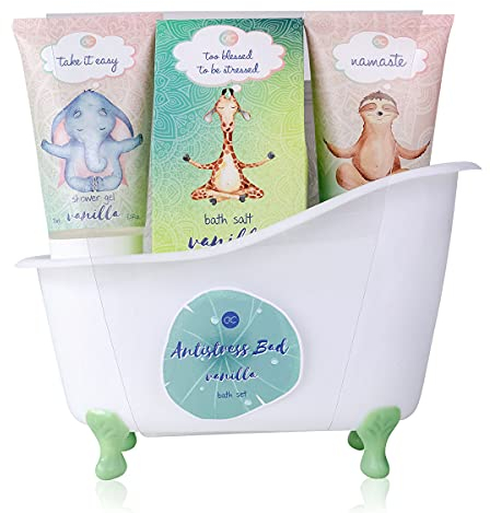 Accentra - Anti-Stress Bade- & Duschset mit Vanilleduft - Geschenk Set zur Entspannung für Frauen zum Geburtstag oder Weihnachten - 5-Teiliges Wellness Geschenk- & Pflegeset mit Mini Deko-Badewanne