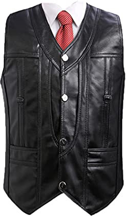 Herren Herbst Lederweste Schaffell Slim V-Ausschnitt Einfarbig Weste, Schwarz , XL