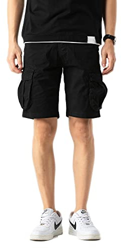 TONY BACKER Herr Cargo Shorts Vintage Bomull Flera Fickor Sommar Kortbyxor Cargo, Svart-4, 46W