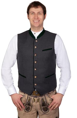 Edelnice Trachtenmode Elegante weiche Woll Trachtenweste Gilet Roland grau mit grünen Paspeln Gr. 52