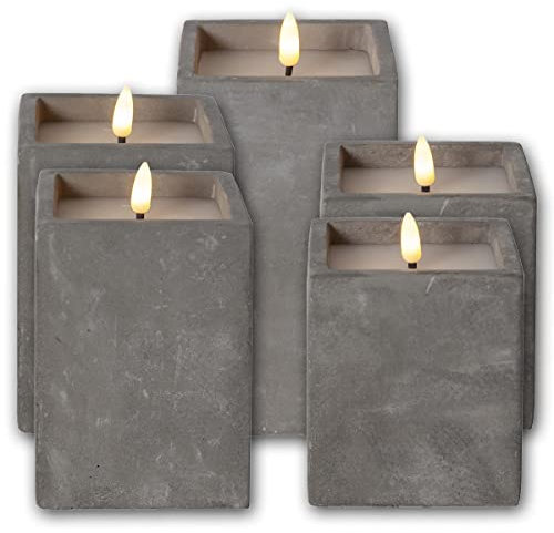 5 LED Stumpenkerzen Beton Quader mit Timer, verschiedene Höhen, quadratisch, batteriebetrieben, Beton-Optik, Flackereffekt