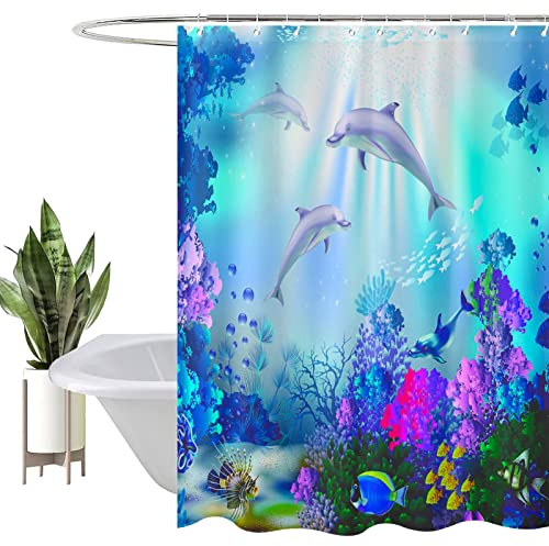 HEYOMART Shower Curtain Heavy Duty Polyester Fabric Waterproof Shower Curtain Liner, 3D Digital Painting Pattern for Shower Stall, Bathroom Curtains with 12 PCS Hooks (180x180cm, Dolphins-F)