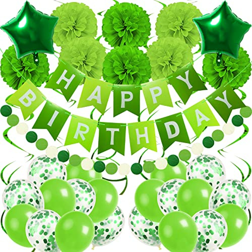 Recosis Grün Geburtstagsdeko, Happy Birthday Banner mit Pompoms Papier Girlande Wimpel Spiral und Luftballon Kindergeburtstag für Mädchen Junge Mann Frauen Geburtstags Dekorationen