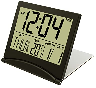 MMOBIEL LCD Digitaler Reisewecker Klappbar - Tischuhr mit Temperatur- und Datumsanzeige - Batteriebetrieben - Schwarz