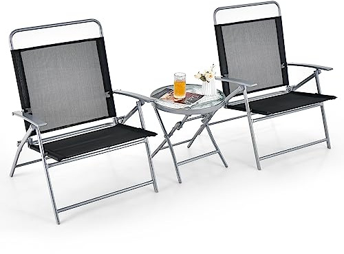 COSTWAY Bistrotisch mit 2 Stühlen, klappbarer Balkonset, 3-teilig Gartenmöbel-Set, niedrige Sitzhöhe, Sitzgarnitur Sitzgruppe Balkonmöbel Gartenmöbel Gartengarnitur für Garten, Hof, Balkon