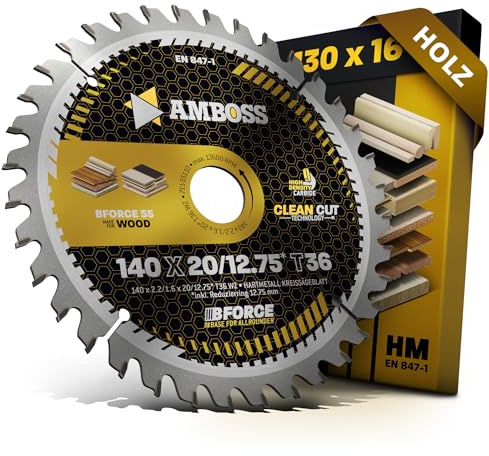 Hojas de sierra circular HM 140x20 12.75 Z36 de dientes intercambiables para corte fino de madera. Hoja de sierra de 140 mm + anillo reductor de 12.75 a 20 mm. AMBOSS WERKZEUGE® Hoja de sierra 140 mm