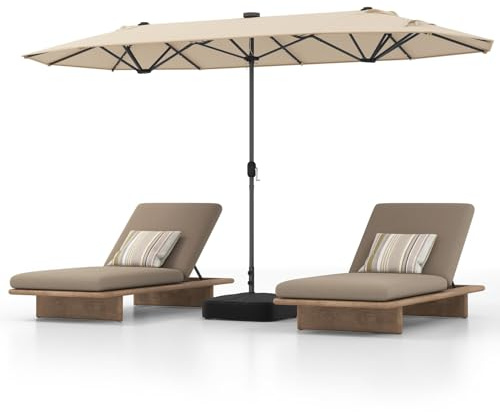 RELAX4LIFE Doppelsonnenschirm 400 x 200 cm, Sonnenschirm mit LED-Leuchten, Ständer & Kurbel, Gartenschirm Sonnenschutz UPF 50+, Marktschirm Groß, Terrassenschirm für Garten, Terrasse, Pool (Beige)