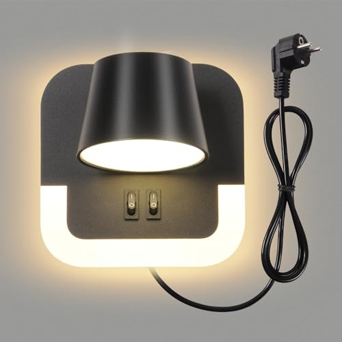 AWEKLIY LED Applique murale, Lampe De Chevet avec interrupteur, Lampe de Lecture Murale 3000k Température de couleur réglable (4W+8W), Liseuse Murale Chambre, Avec câble, Tête de lampe rotative, Noir