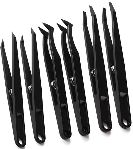 YIXISI 6 Piezas Juego de Pinzas de Precisión, Pinzas de Plástico Antiestáticas con Primavera, para Electrónica, Joyería, laboratorio, Reparación, Negro