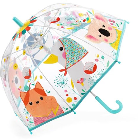 Djeco DD04718 Kinder-Regenschirm Natur | mit bunten Tieren | durchsichtiger Kinderregenschirm | Mädchen | Kinder | transparenter Kinderschirm