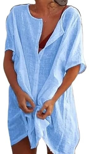 Överdrag för kvinnor strandkläder strandöverdrag baddräkt täcka kvinnor sommar strandklänning bikini täckande strandkläder simning smock t-shirt badkläder baddräkt överdrag för kvinnor (blå, XL)