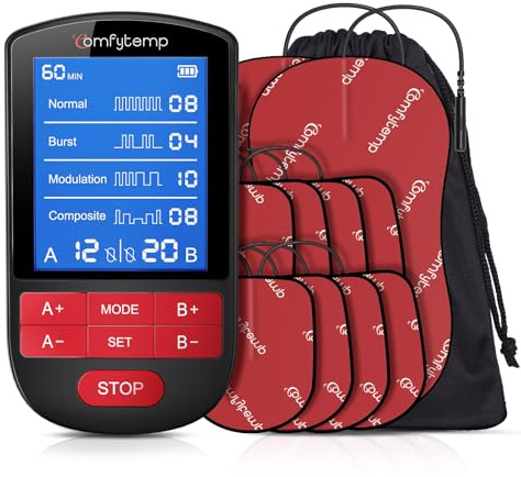 Comfytemp TENS Unit Muscle Stimulator for Back Sciatica Neck Pain Relief, 4 Therapy Waveforms Dual Channel TENS Machine — 30 Modes, Rechargeable Professional Electric Pulse Massager, 10 Electrode pads