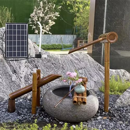 Décoration de Jardin pour l'extérieur, Fontaine de Jardin en Bambou, Fontaine à Eau à Bascule Traditionnelle Japonaise en Bambou, kit de Fontaine Solaire en Bambou avec Pompe à Eau