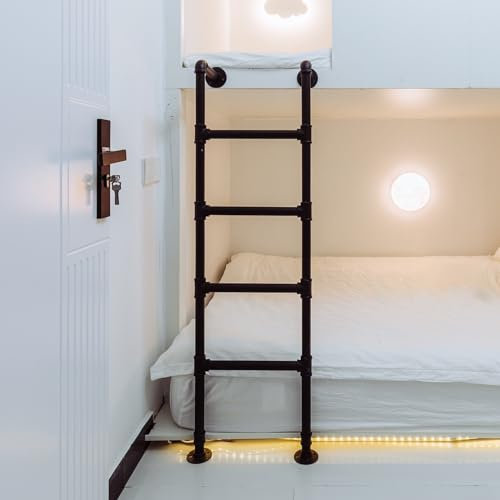 4 5 6 7 Foot Attic Ladder for High Bunk Bed, Vintage Industrial Wrought Iron Round Pipe Camper Ladder with Self-Adhesive Steps Padding, Treehouses/Dormitory/Bedroom (Color : Black,