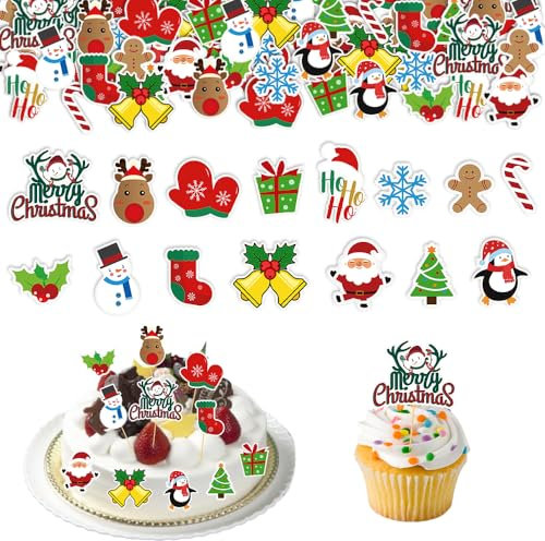 EUIEUT 105 Stück Weihnachten Kuchen Topper Weihnachten Tortendekoration Weihnachten Cupcake Toppers Weihnachten Kuchendekoration Weihnachtskuchen Deko Weihnachten Tortendeko Muffin Deko